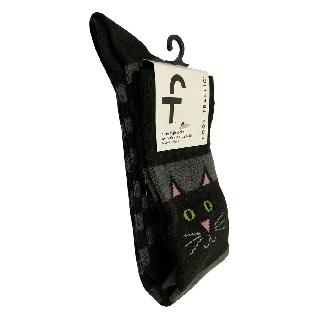 Foot Traffic Womens Striped Cat Face Knee High Socks Shoe Size 4-10 NEW
